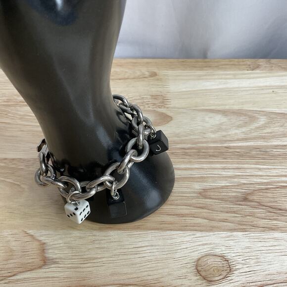 Vintage Marc Jacobs Charm Bracelet Dice & MJ Charms 2000s Silver Tone Size 6.5 - Picture 9 of 12